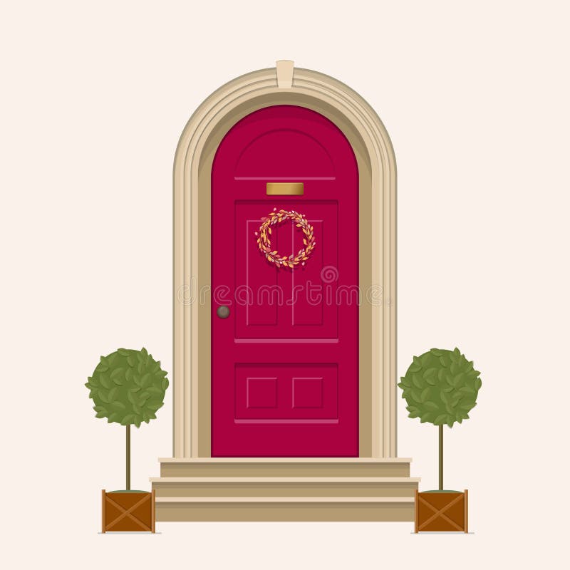 Red front door of house with pot plants. Vector illustration. Red front door of house with pot plants. Vector illustration